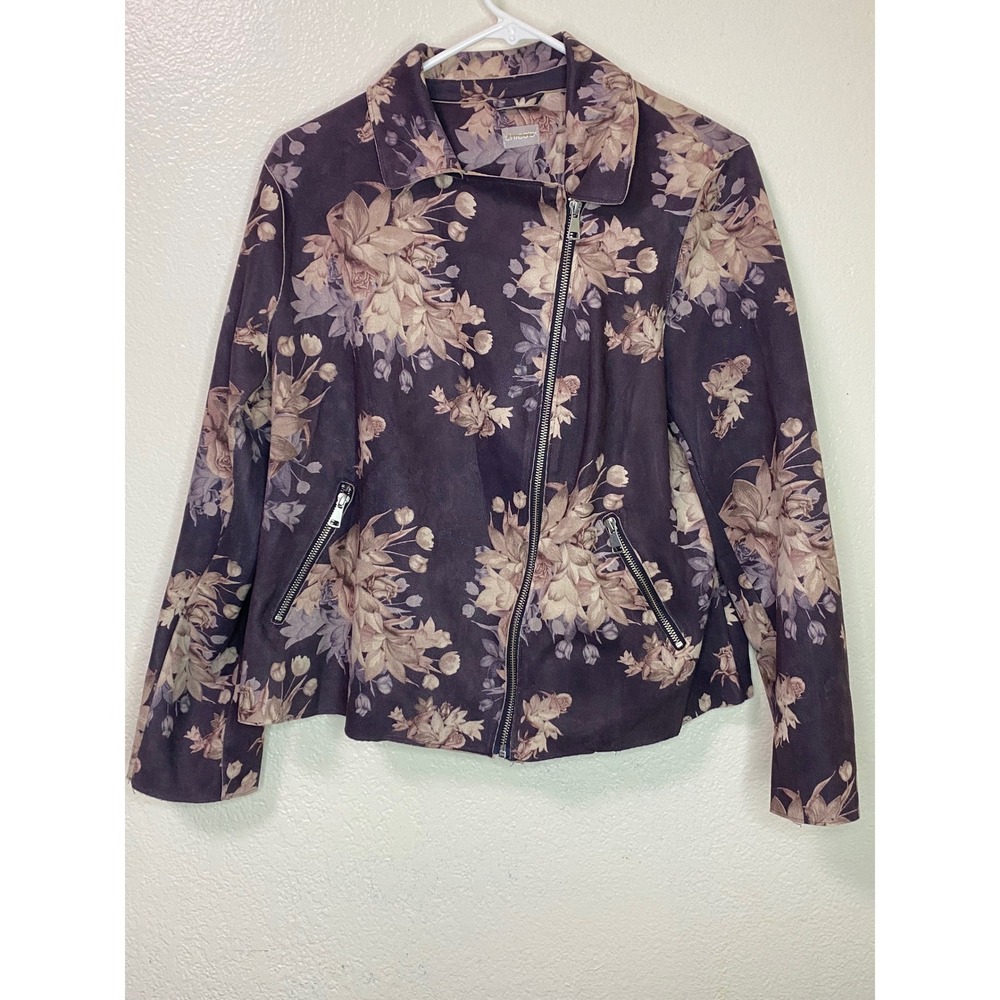 Chicos Floral Faux Suede Moto Jacket Purple Brown Asymmetrical Zip Size 1 M